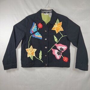 Vintage White Stag Women's Black Denim Jacket Floral Applique Cotton XL***